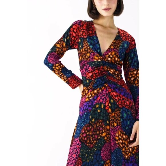 FARM Rio Midi Dress S Rainbow Hearts Lenzing Ecovero Viscose Ruching - Picture 4 of 11